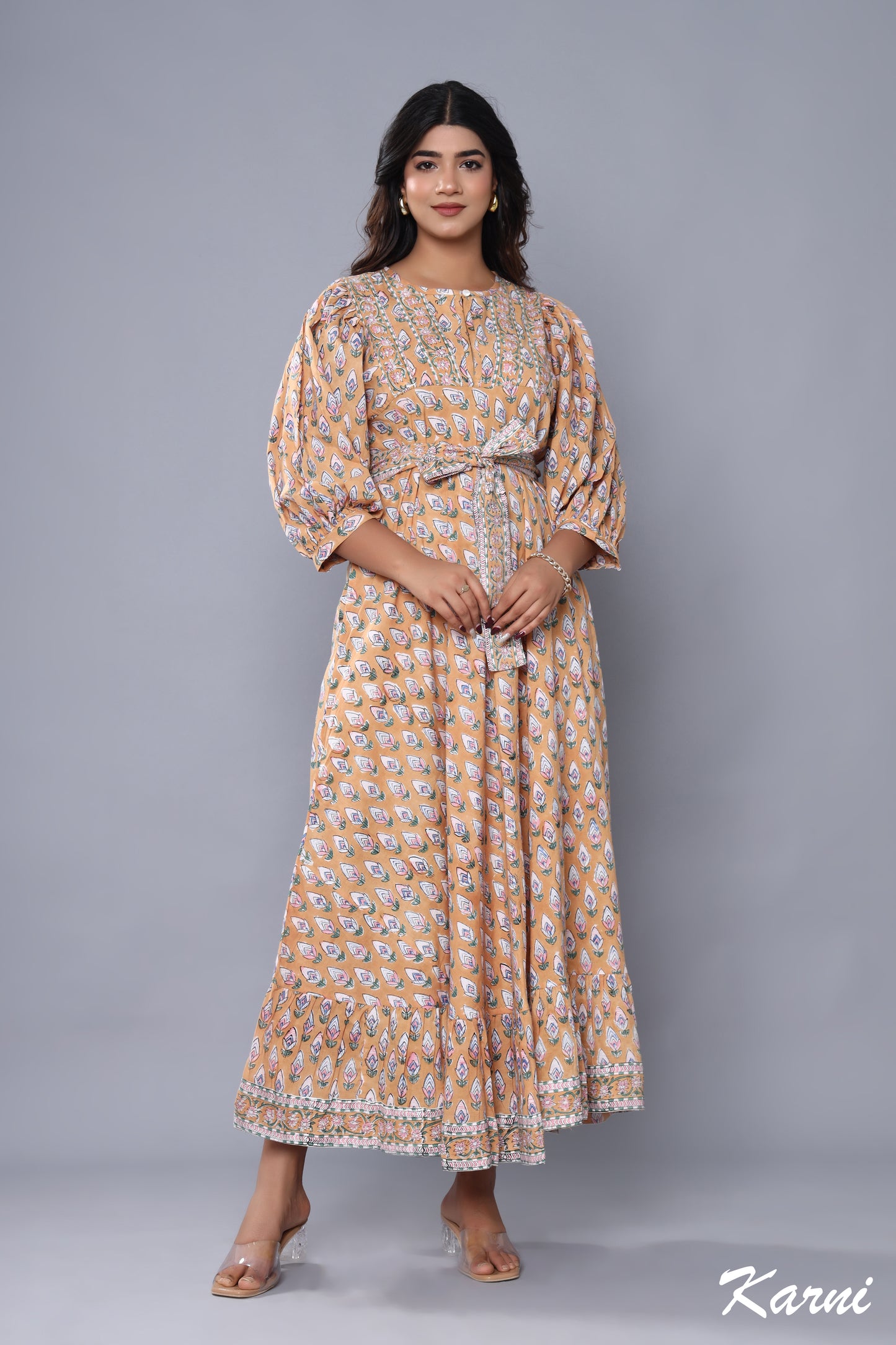 cotton brown-pink floral pattern printed women's maxi dress - hanley neck with belt boho long dress