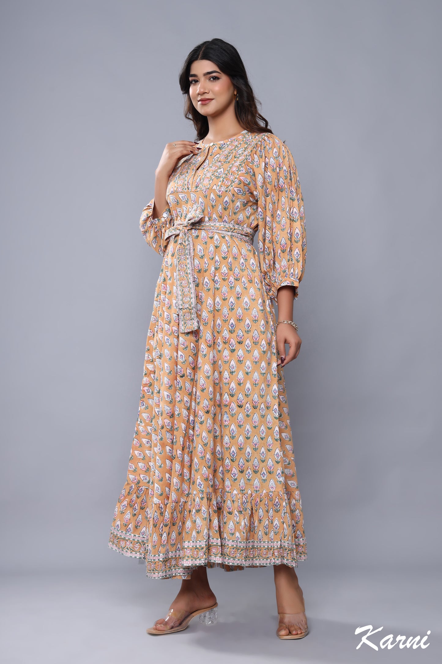 cotton brown-pink floral pattern printed women's maxi dress - hanley neck with belt boho long dress