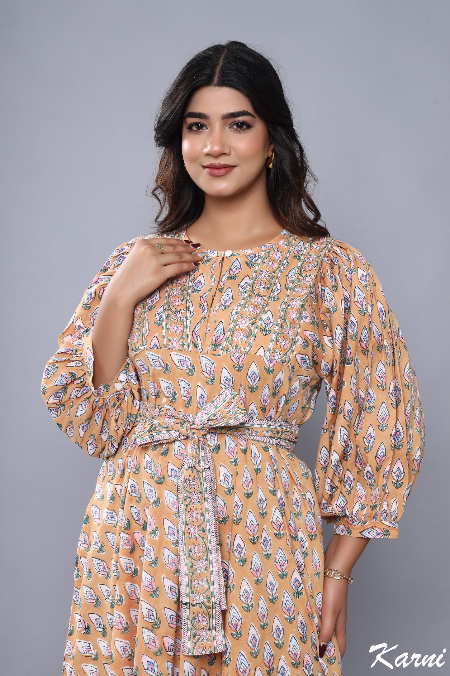 cotton brown-pink floral pattern printed women's maxi dress - hanley neck with belt boho long dress
