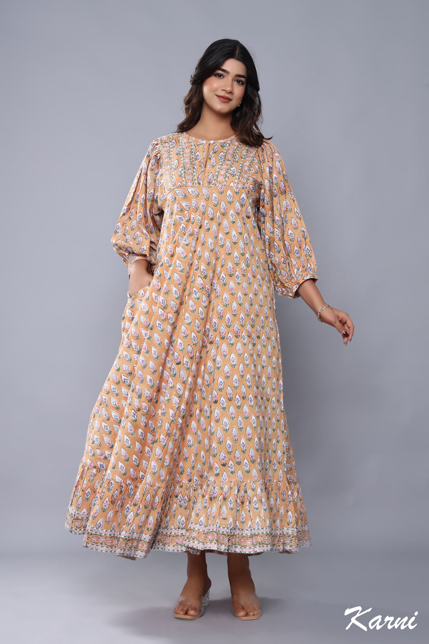 cotton brown-pink floral pattern printed women's maxi dress - hanley neck with belt boho long dress