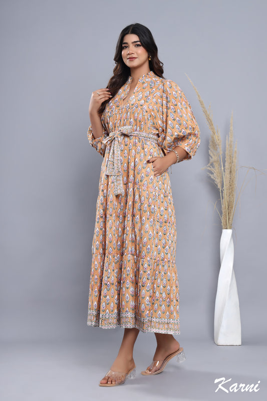 brown-pink floral hand block printed women's maxi dress - frill collar with belt cotton long dress