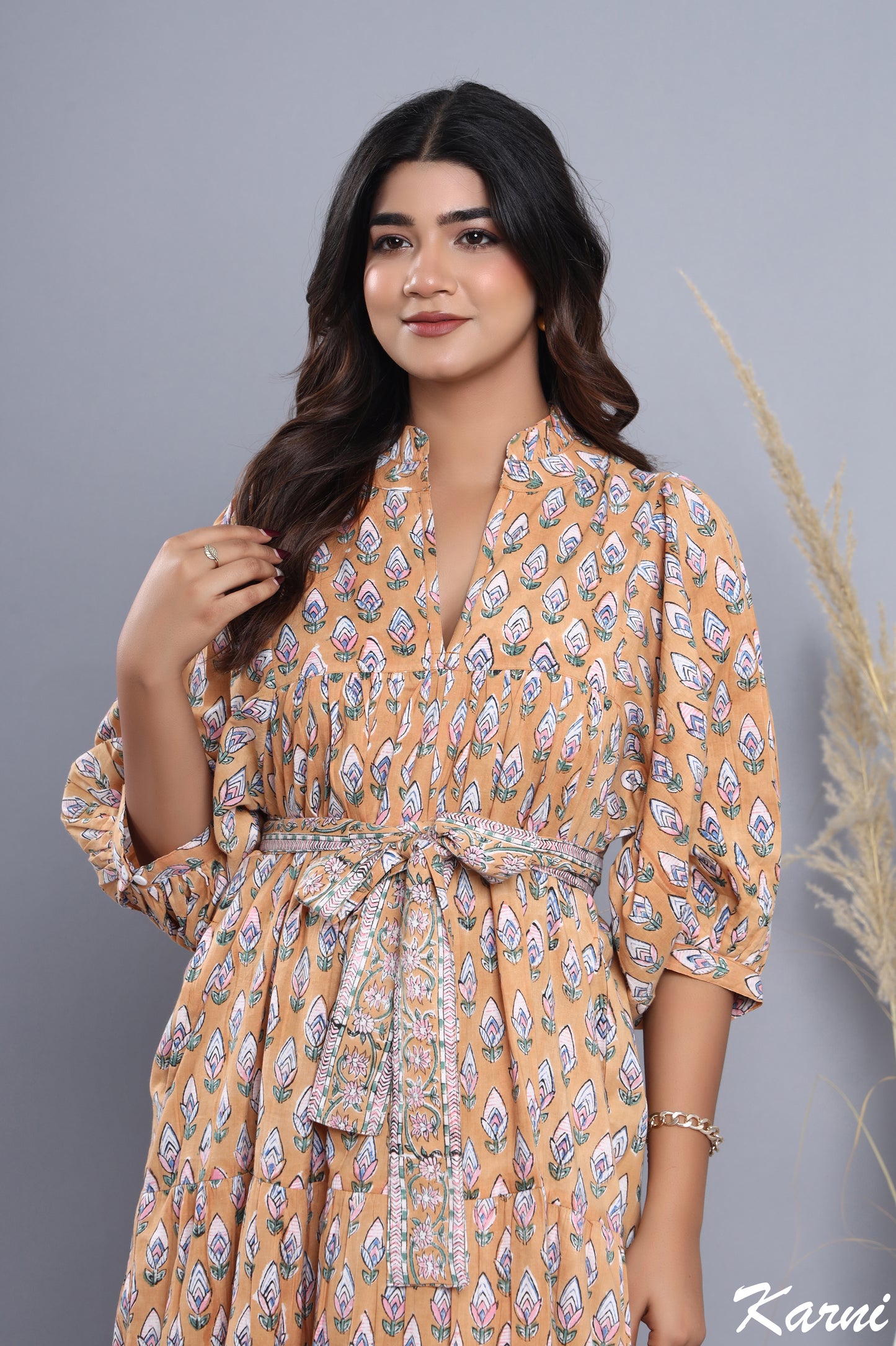 brown-pink floral hand block printed women's maxi dress - frill collar with belt cotton long dress