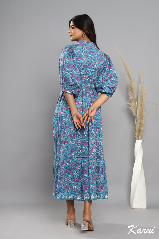 indian cotton blue- pink floral block printed women's maxi dress - 3/4th sleeves with belt long dress