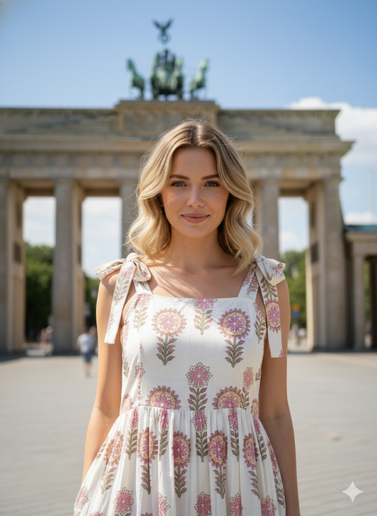 white knotty dress with big flower print in pink