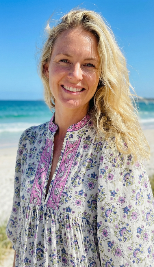 Ivory Pink Blue Floral Hand Block Printed Cotton Maxi Dress – Boho Tiered Indian Long Dress