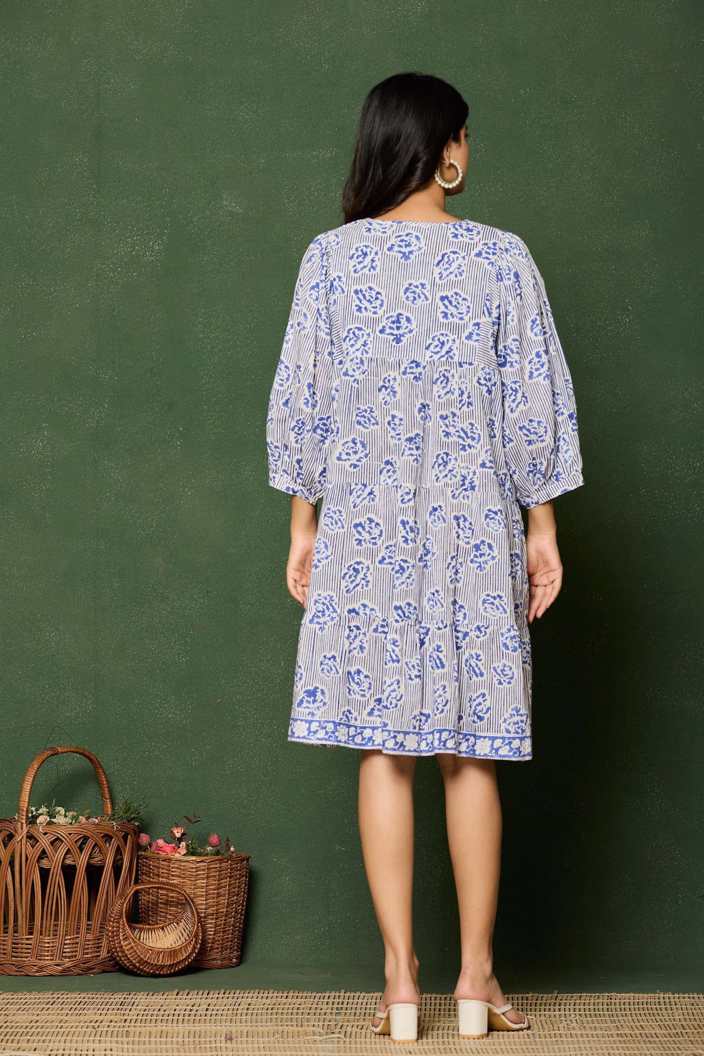 Blue Floral Hand Block Printed Cotton A-Line Mini Dress – Balloon Sleeves & Keyhole Neckline