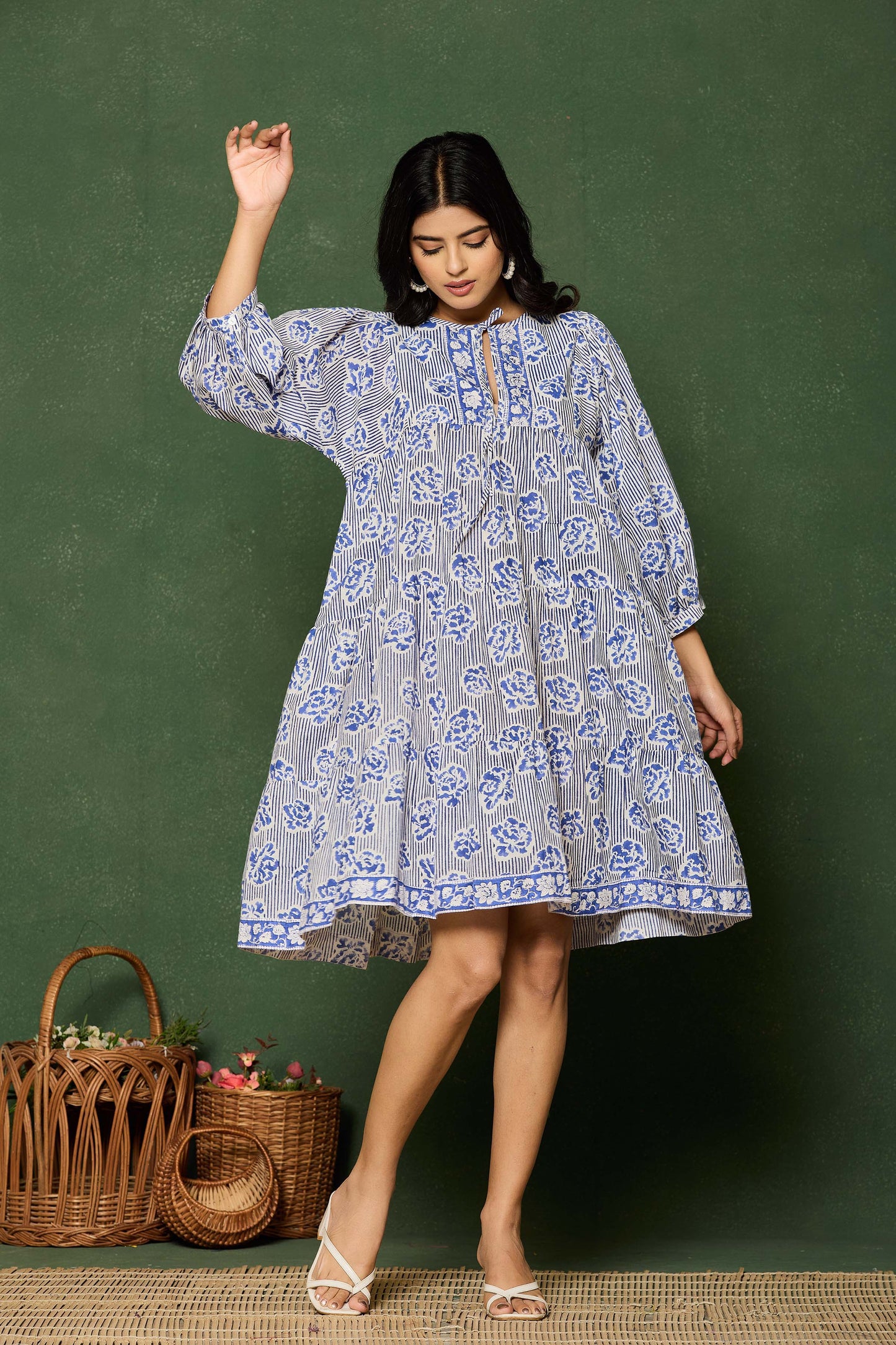 Blue Floral Hand Block Printed Cotton A-Line Mini Dress – Balloon Sleeves & Keyhole Neckline
