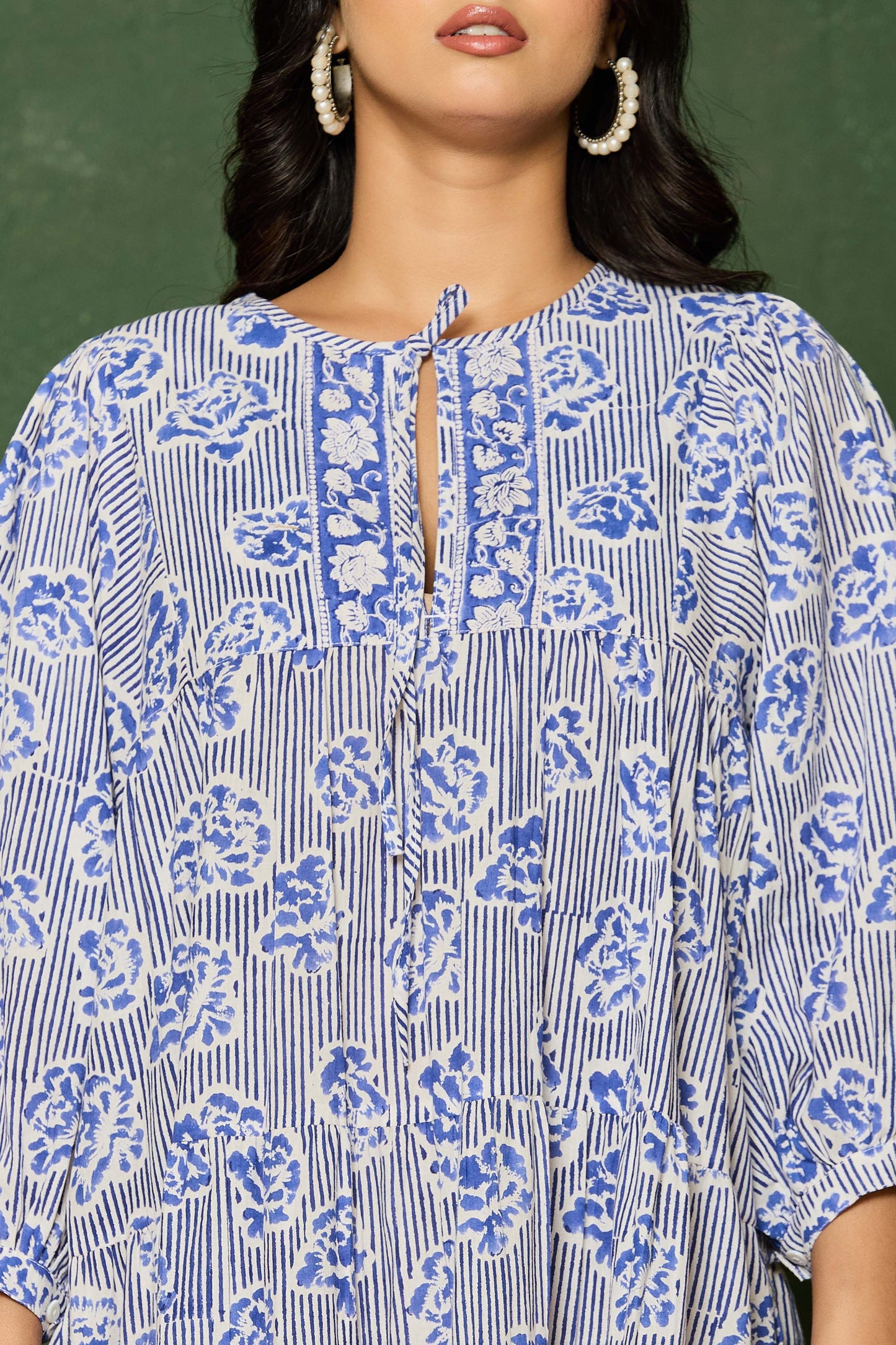 Blue Floral Hand Block Printed Cotton A-Line Mini Dress – Balloon Sleeves & Keyhole Neckline