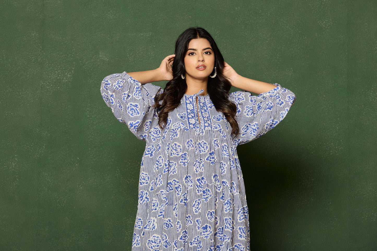 Blue Floral Hand Block Printed Cotton A-Line Mini Dress – Balloon Sleeves & Keyhole Neckline