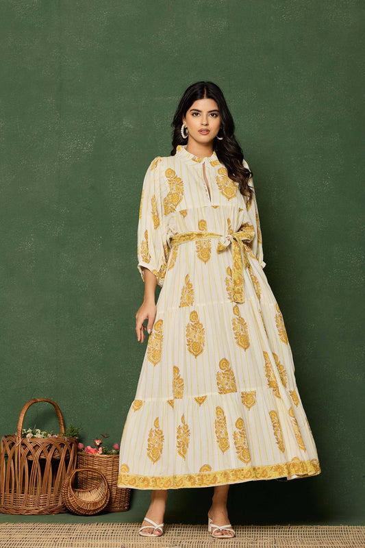 Yellow Floral Hand Block Printed Maxi Dress – Belted A-Line Cotton Dress with 3/4 Sleeves