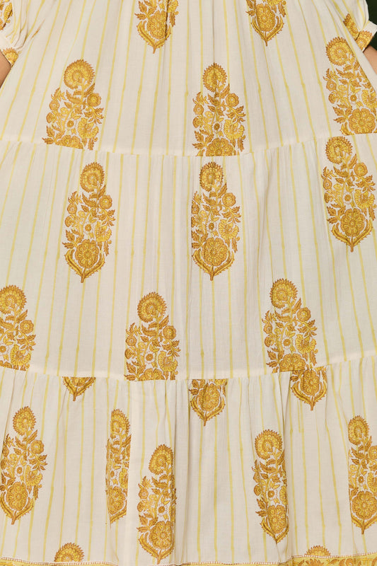 Yellow Floral Hand Block Printed Maxi Dress – Belted A-Line Cotton Dress with 3/4 Sleeves