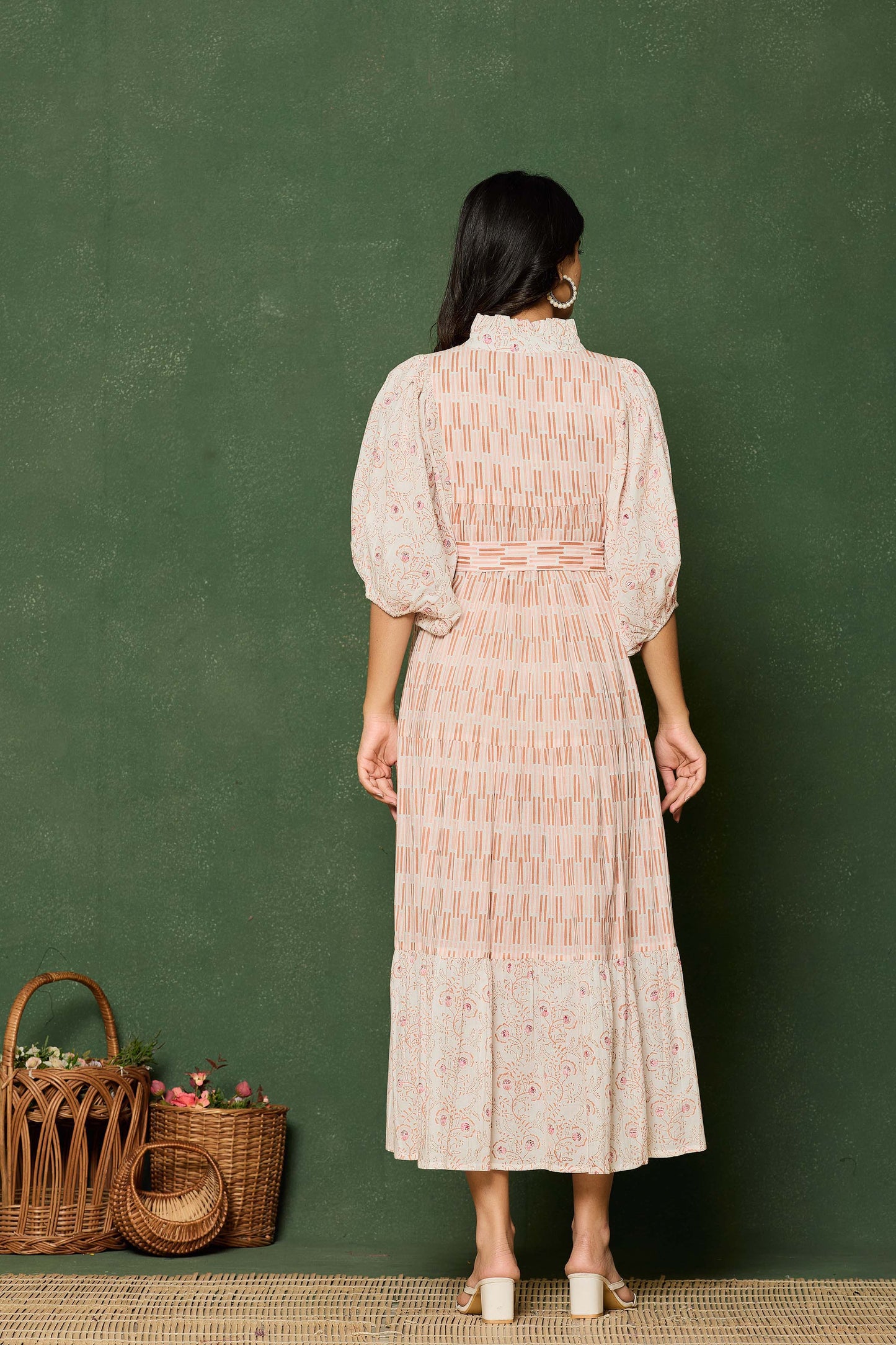 Blush Pink Hand Block Printed Midi Dress – Belted Cotton Dress with Puff Sleeves & V-Neck