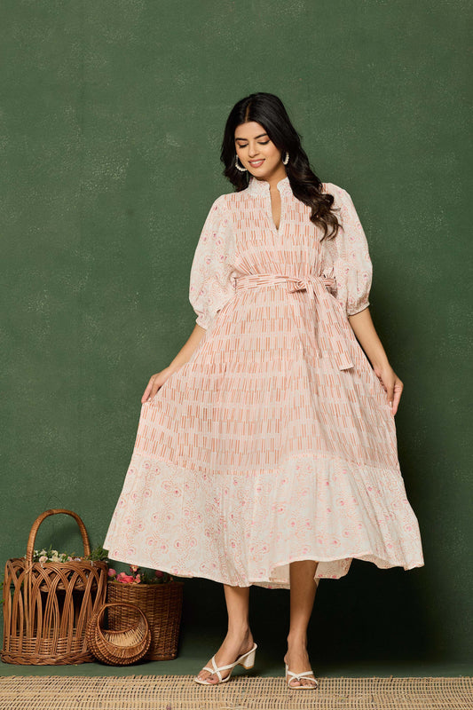 Blush Pink Hand Block Printed Midi Dress – Belted Cotton Dress with Puff Sleeves & V-Neck