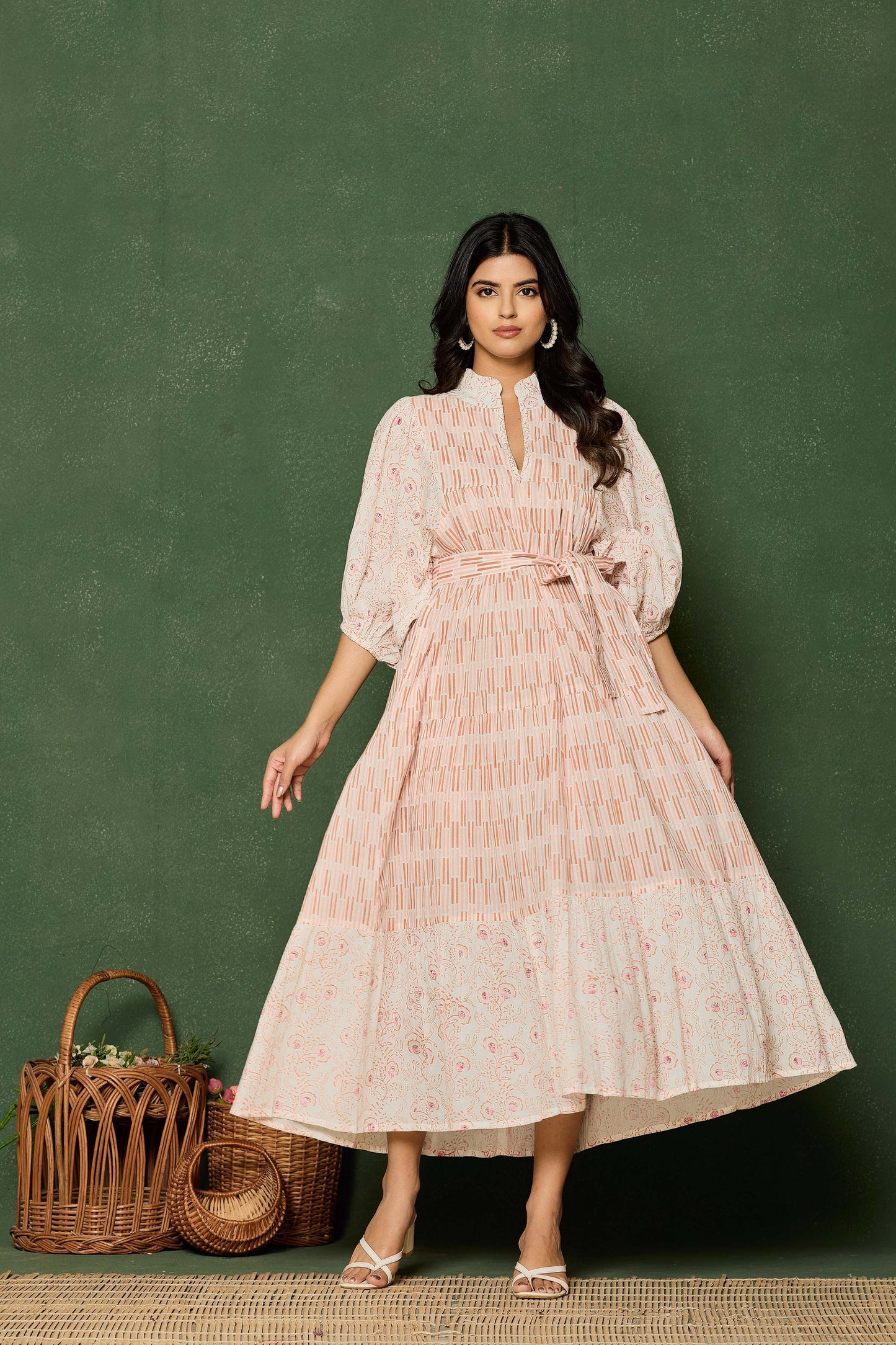 Blush Pink Hand Block Printed Midi Dress – Belted Cotton Dress with Puff Sleeves & V-Neck