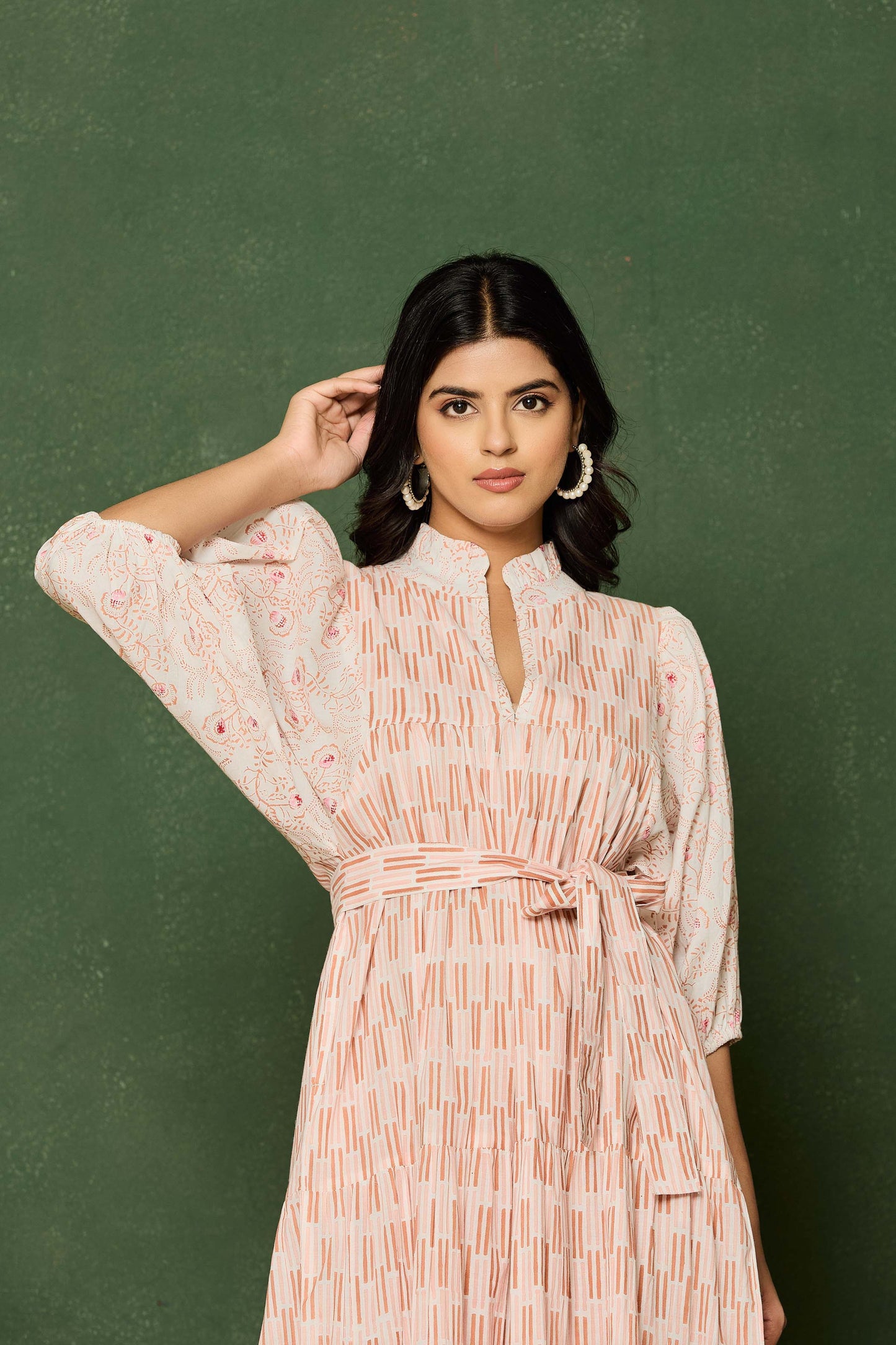 Blush Pink Hand Block Printed Midi Dress – Belted Cotton Dress with Puff Sleeves & V-Neck