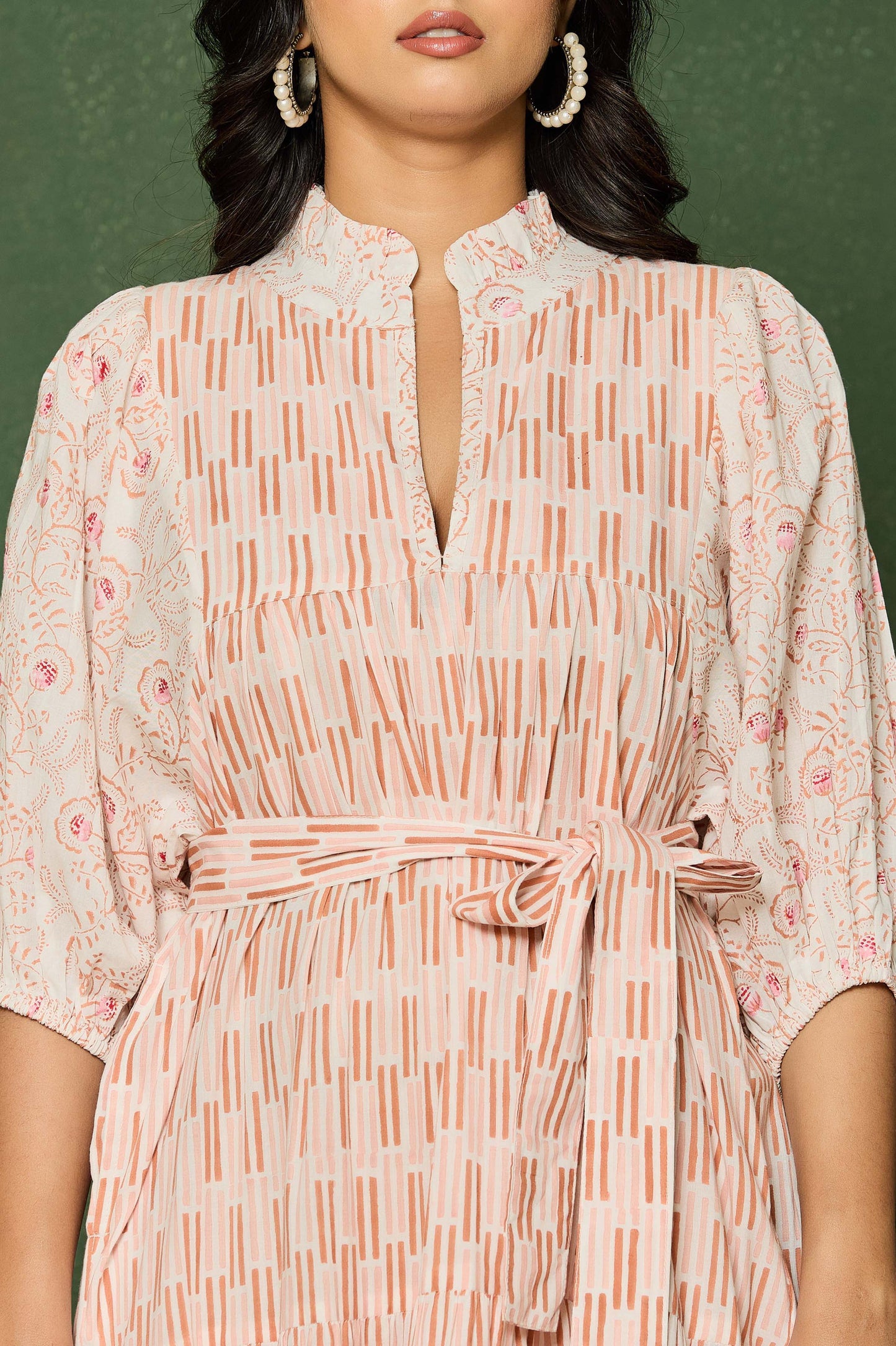 Blush Pink Hand Block Printed Midi Dress – Belted Cotton Dress with Puff Sleeves & V-Neck