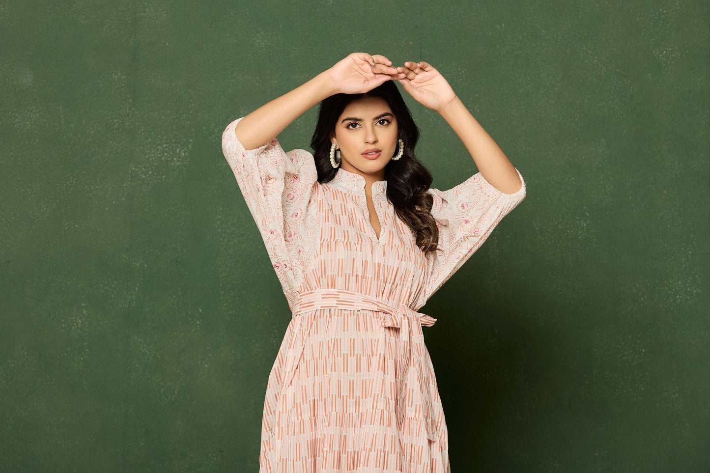Blush Pink Hand Block Printed Midi Dress – Belted Cotton Dress with Puff Sleeves & V-Neck