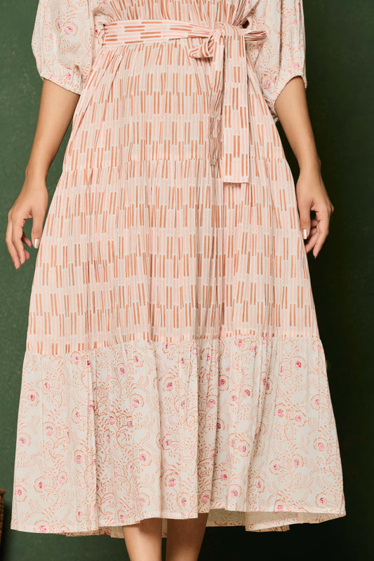 Blush Pink Hand Block Printed Midi Dress – Belted Cotton Dress with Puff Sleeves & V-Neck