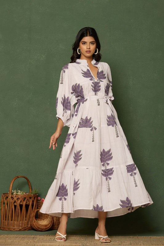 Purple Leaf Hand Block Printed Maxi Dress – Belted Cotton Dress with V-Neck & 3/4 Sleeves