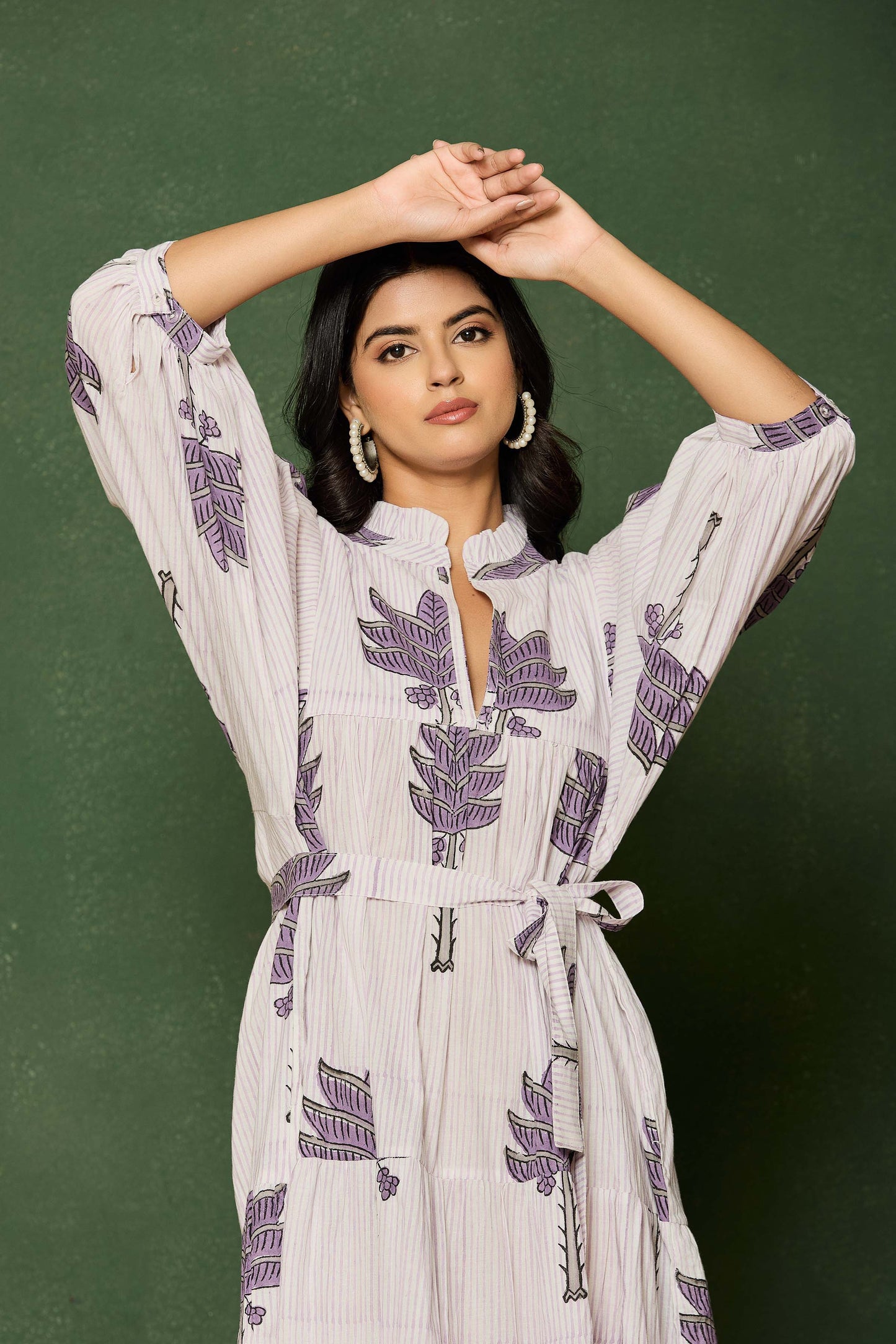 Purple Leaf Hand Block Printed Maxi Dress – Belted Cotton Dress with V-Neck & 3/4 Sleeves