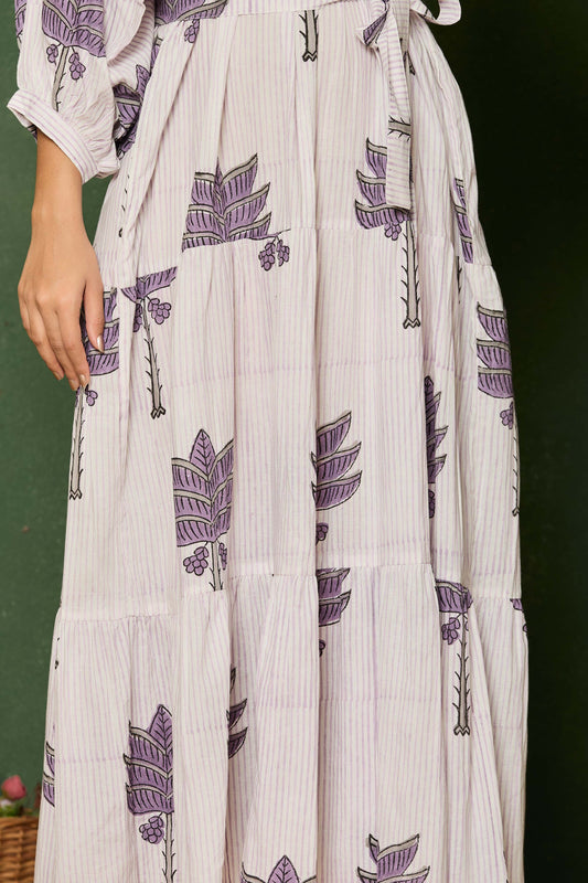Purple Leaf Hand Block Printed Maxi Dress – Belted Cotton Dress with V-Neck & 3/4 Sleeves