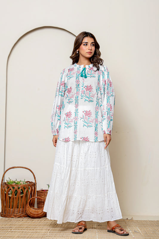 White Cotton Eyelet Embroidered Maxi Skirt – Bohemian Long Skirt with Tiered Design