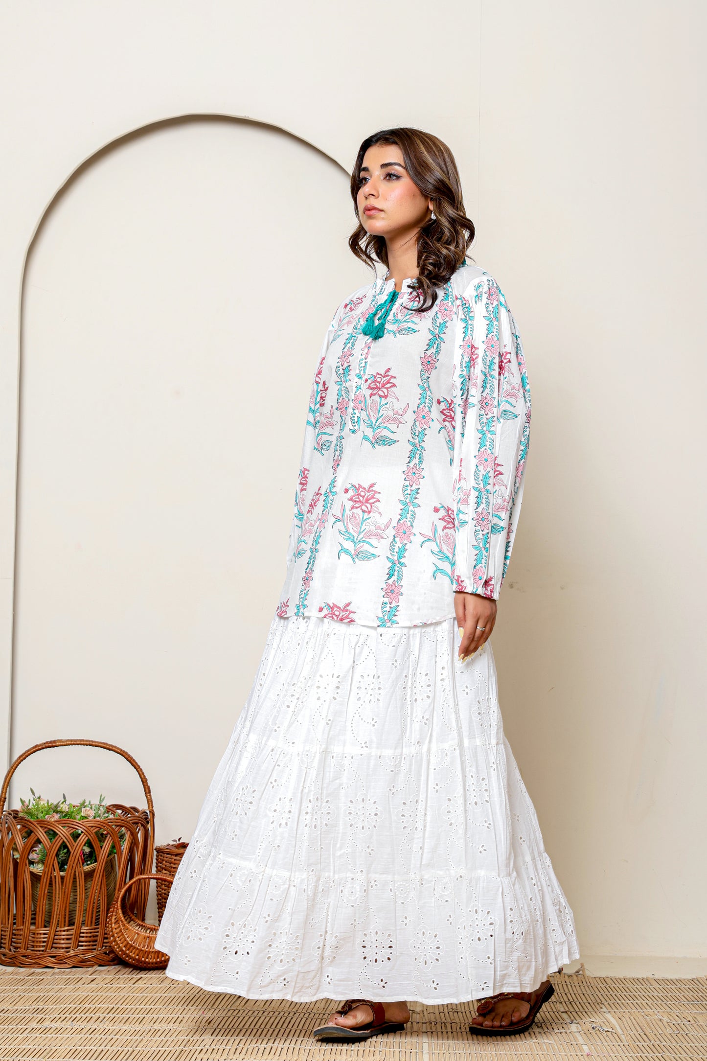 White Cotton Eyelet Embroidered Maxi Skirt – Bohemian Long Skirt with Tiered Design