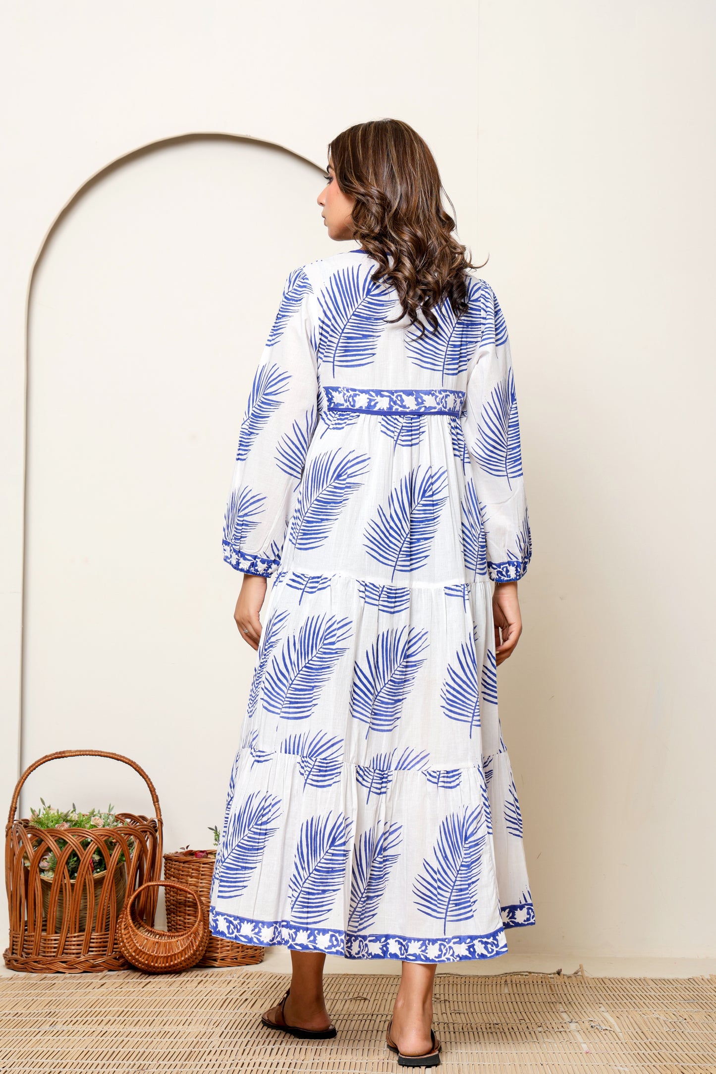 White & Blue Leaf Hand Block Printed Cotton Maxi Dress – Long Sleeve Bohemian Dress with Tassel Tie Neck & Pockets