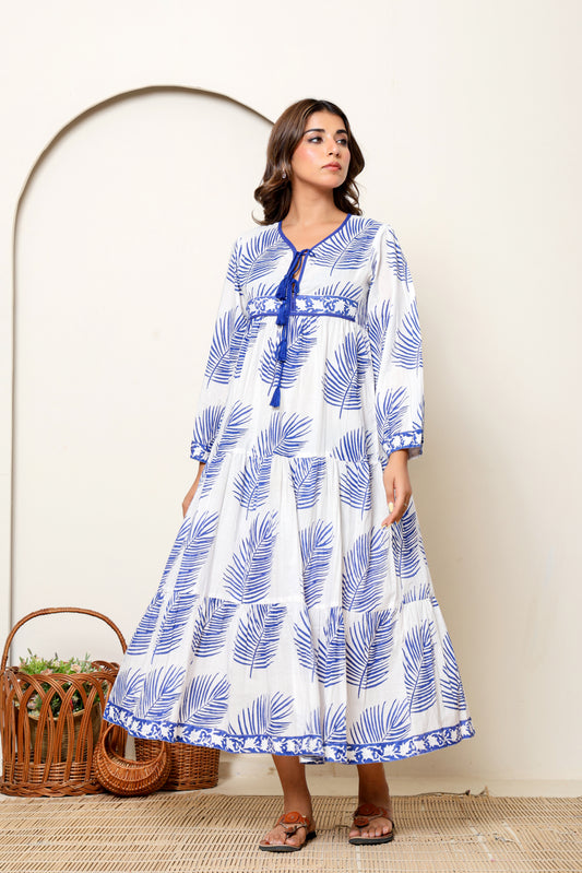 White & Blue Leaf Hand Block Printed Cotton Maxi Dress – Long Sleeve Bohemian Dress with Tassel Tie Neck & Pockets