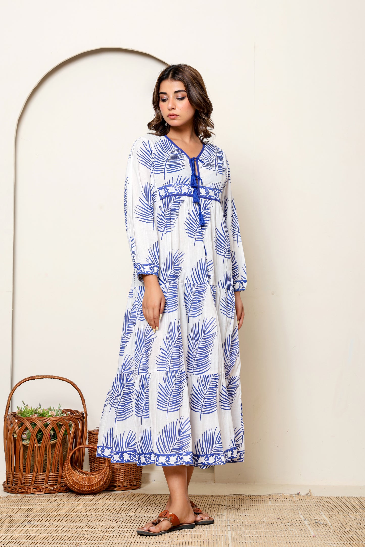 White & Blue Leaf Hand Block Printed Cotton Maxi Dress – Long Sleeve Bohemian Dress with Tassel Tie Neck & Pockets