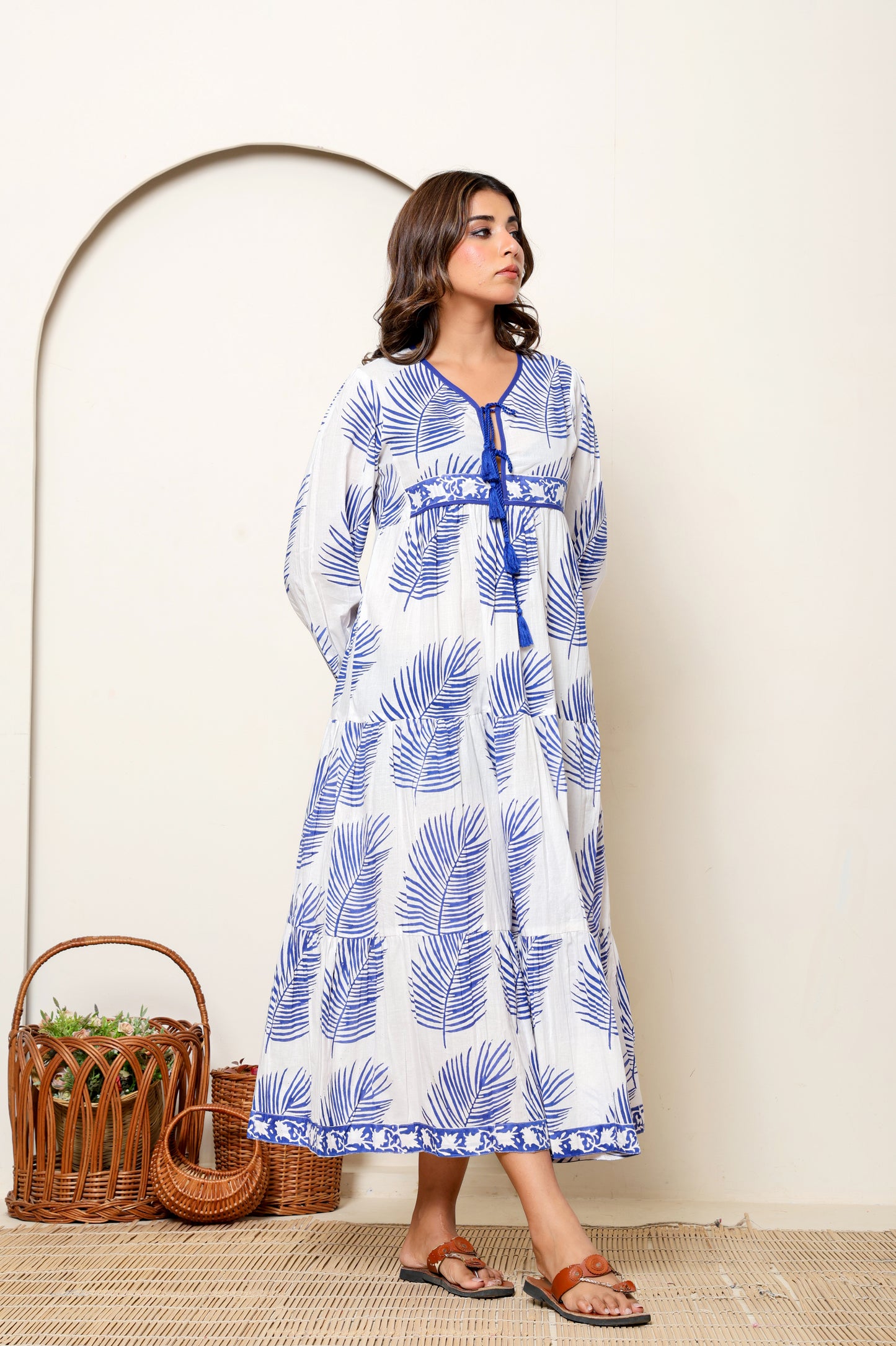 White & Blue Leaf Hand Block Printed Cotton Maxi Dress – Long Sleeve Bohemian Dress with Tassel Tie Neck & Pockets
