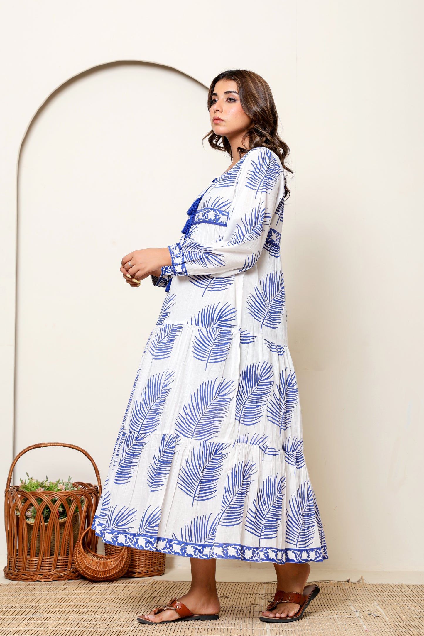 White & Blue Leaf Hand Block Printed Cotton Maxi Dress – Long Sleeve Bohemian Dress with Tassel Tie Neck & Pockets