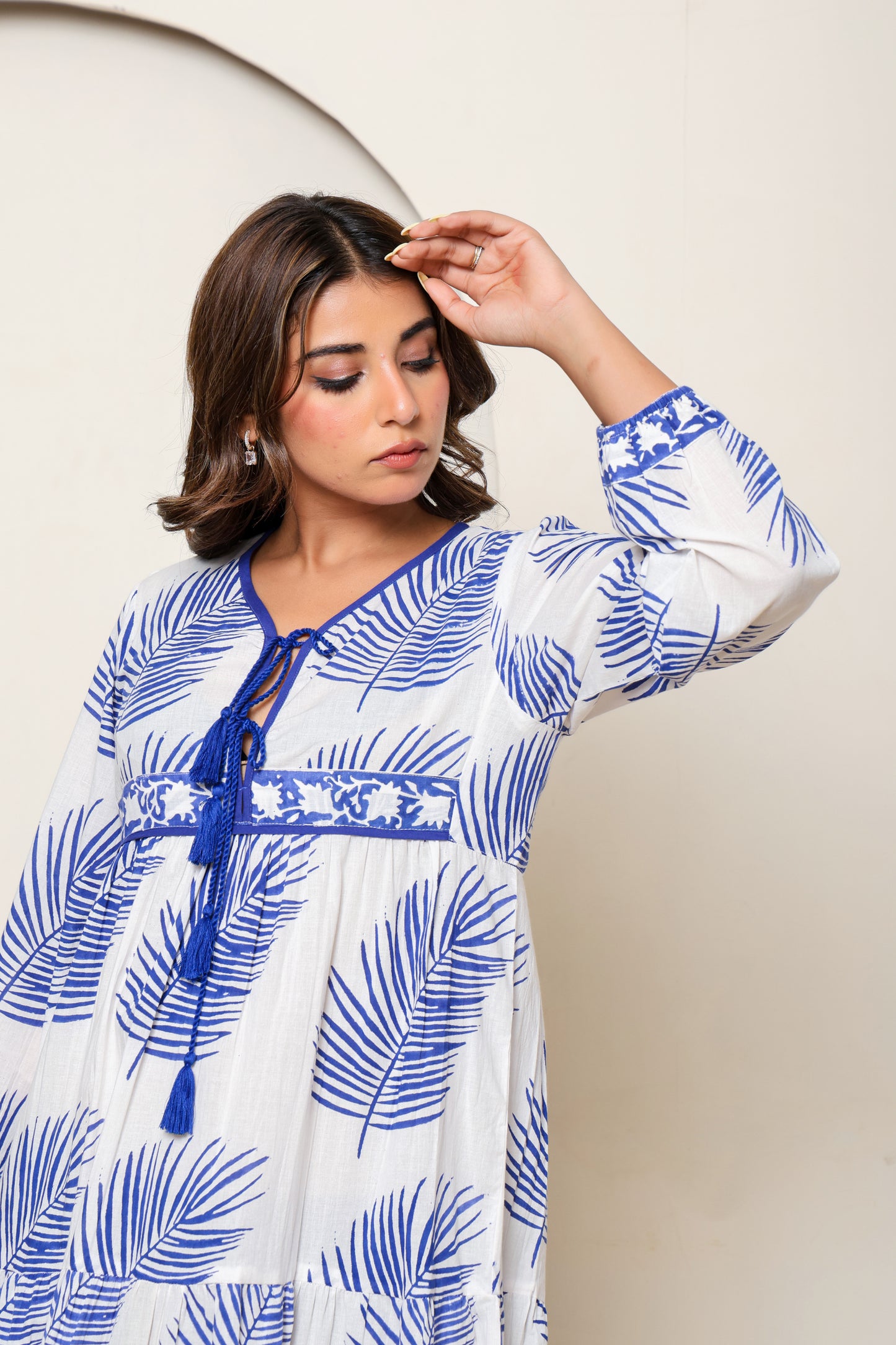 White & Blue Leaf Hand Block Printed Cotton Maxi Dress – Long Sleeve Bohemian Dress with Tassel Tie Neck & Pockets