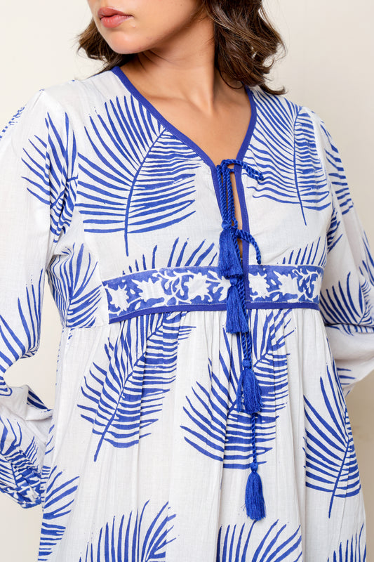 White & Blue Leaf Hand Block Printed Cotton Maxi Dress – Long Sleeve Bohemian Dress with Tassel Tie Neck & Pockets