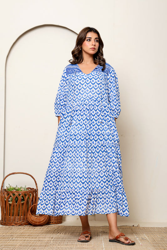 Blue Geometric Hand Block Printed Cotton Maxi Dress – Long Sleeve Bohemian Dress with Tassel Tie Neck & Tiered Design