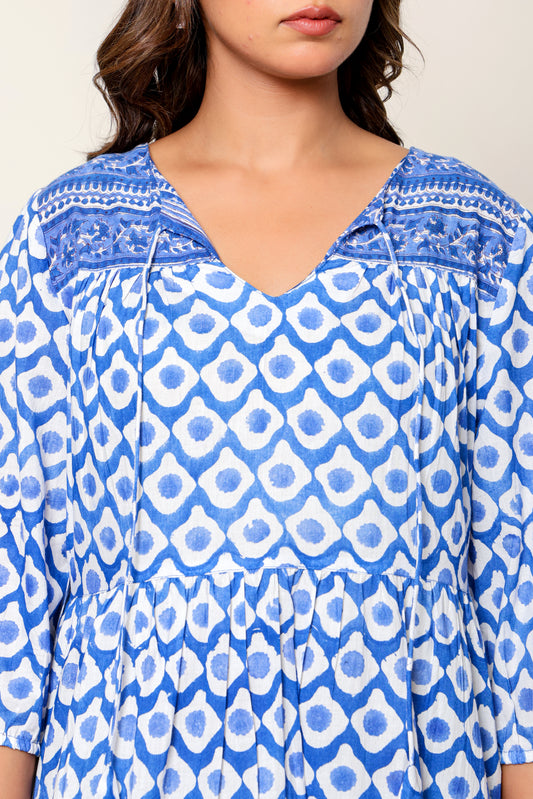 Blue Geometric Hand Block Printed Cotton Maxi Dress – Long Sleeve Bohemian Dress with Tassel Tie Neck & Tiered Design