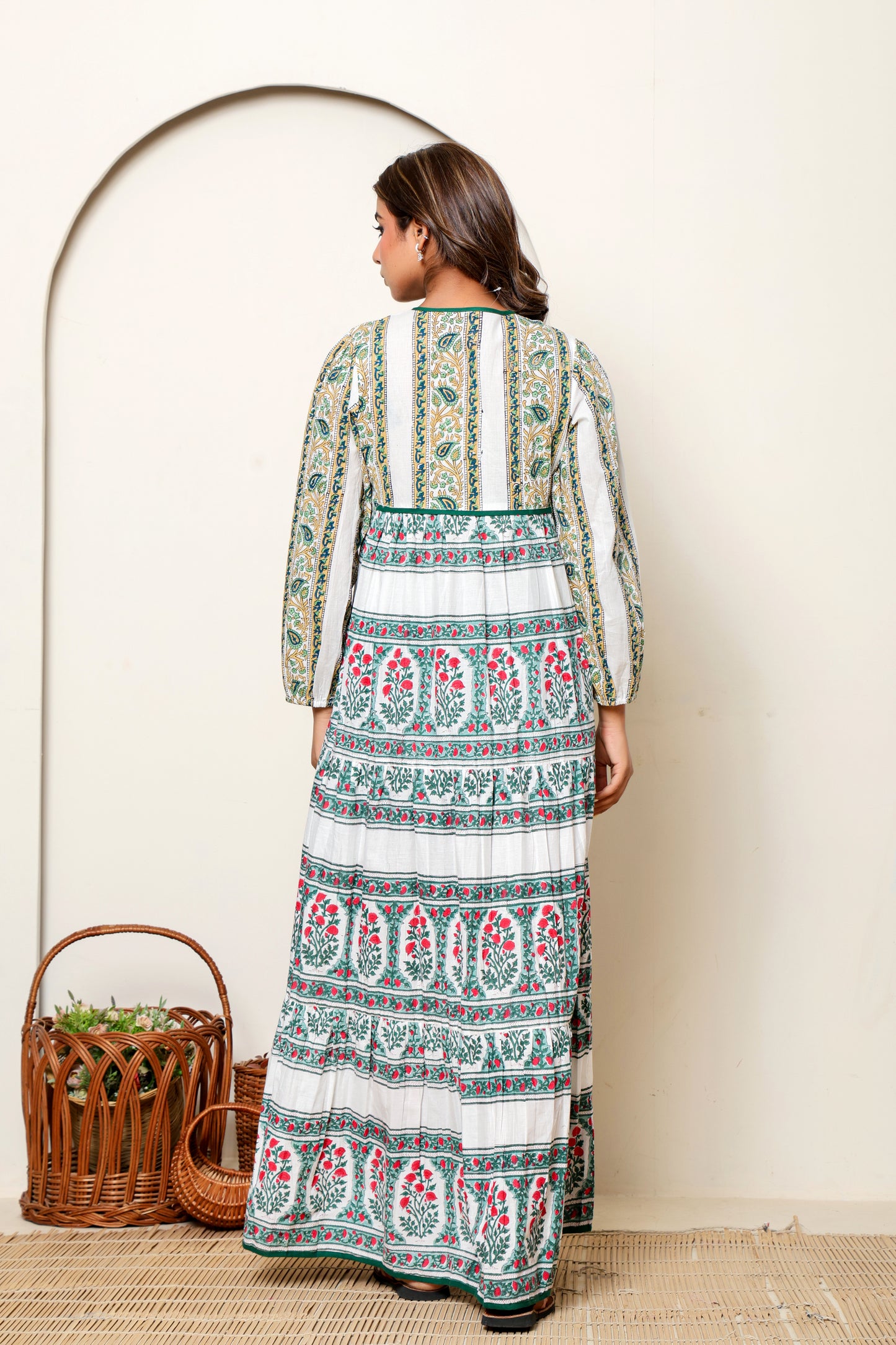 White Multicolor Floral Hand Block Printed Cotton Maxi Dress – Long Sleeve Bohemian Dress with V Neck & Tiered Design