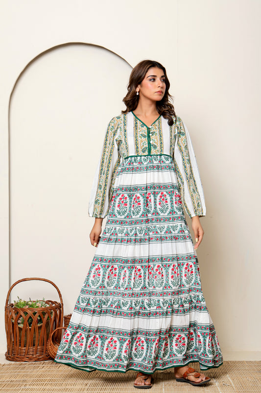 White Multicolor Floral Hand Block Printed Cotton Maxi Dress – Long Sleeve Bohemian Dress with V Neck & Tiered Design