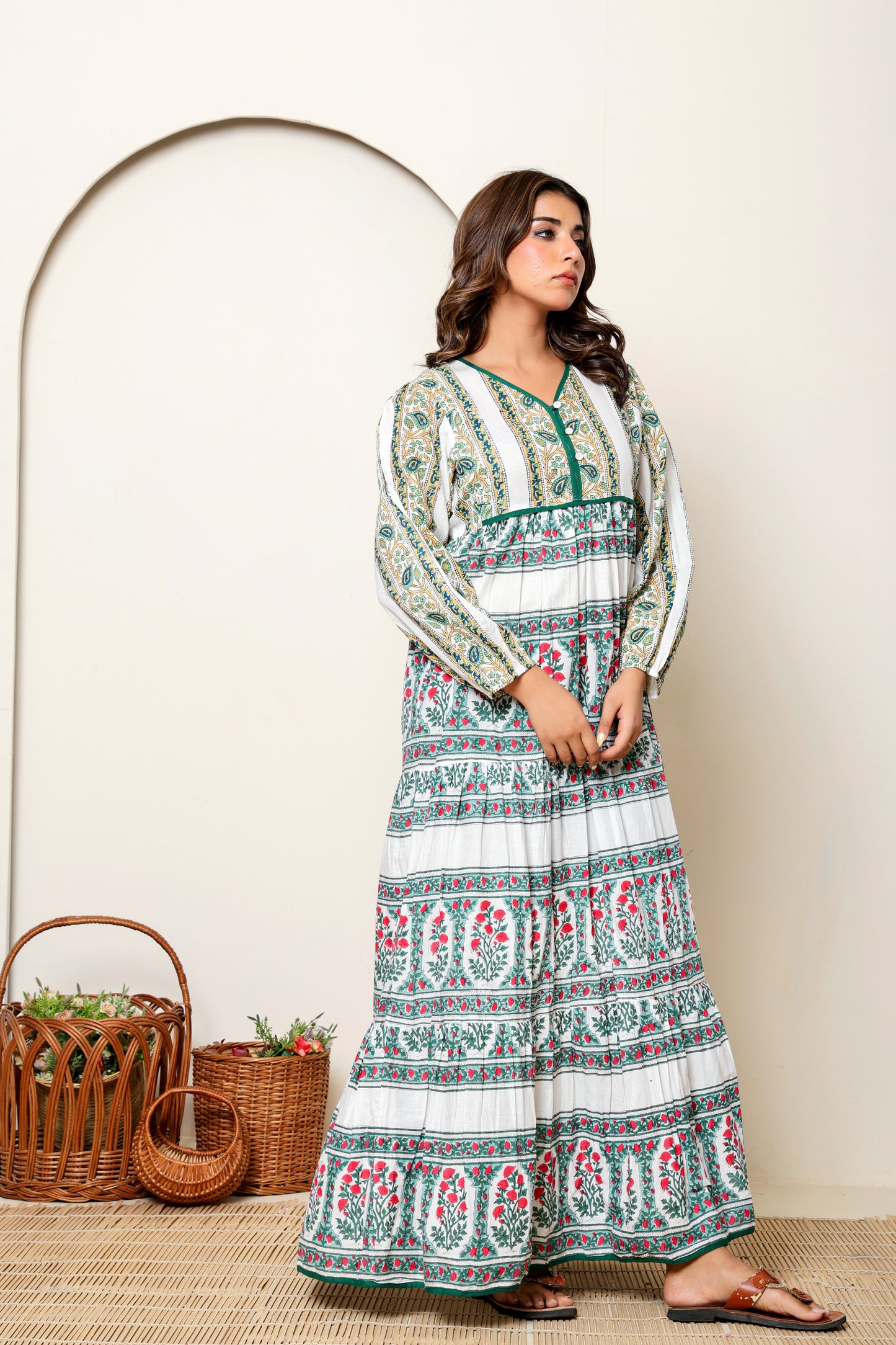 White Multicolor Floral Hand Block Printed Cotton Maxi Dress – Long Sleeve Bohemian Dress with V Neck & Tiered Design