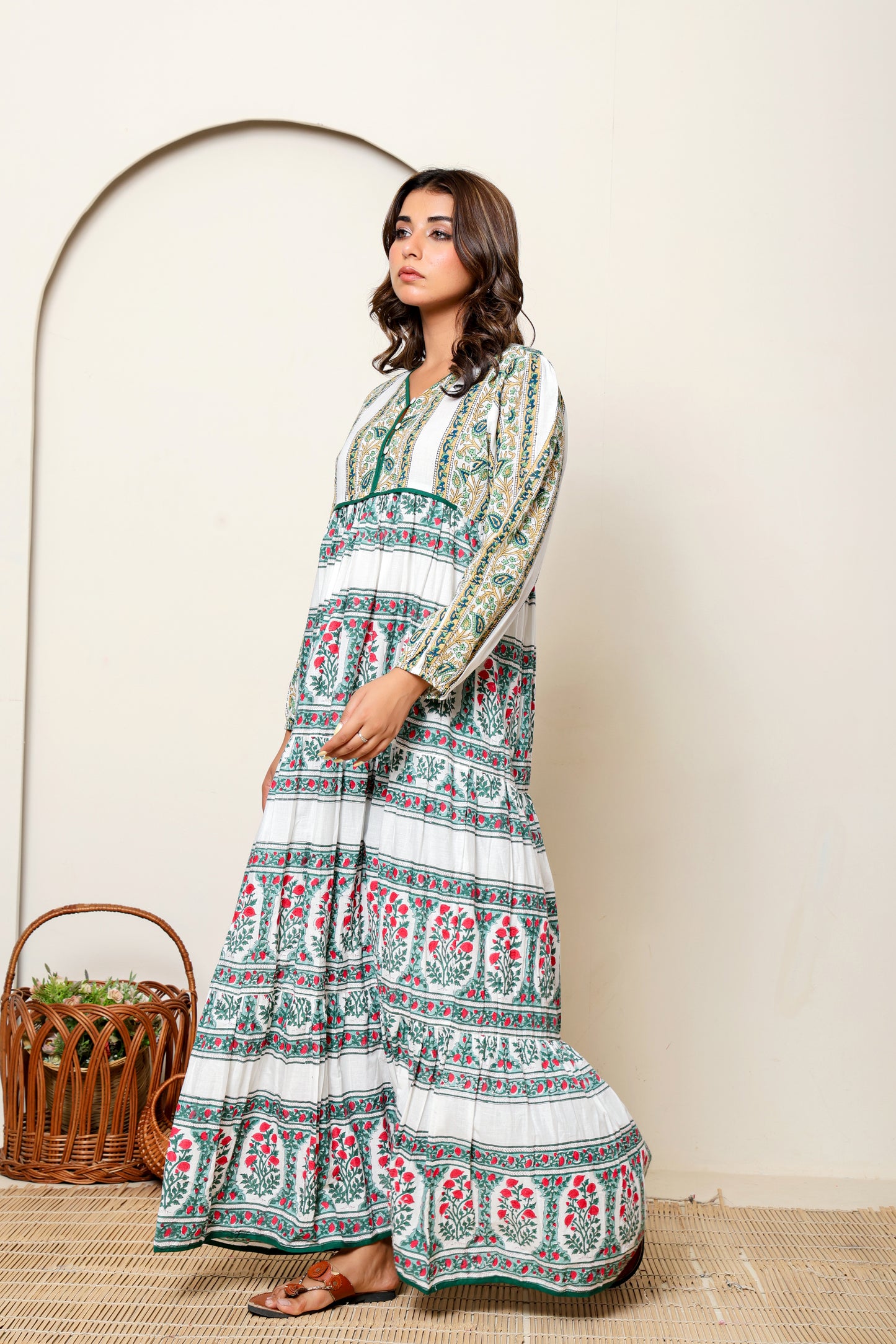 White Multicolor Floral Hand Block Printed Cotton Maxi Dress – Long Sleeve Bohemian Dress with V Neck & Tiered Design