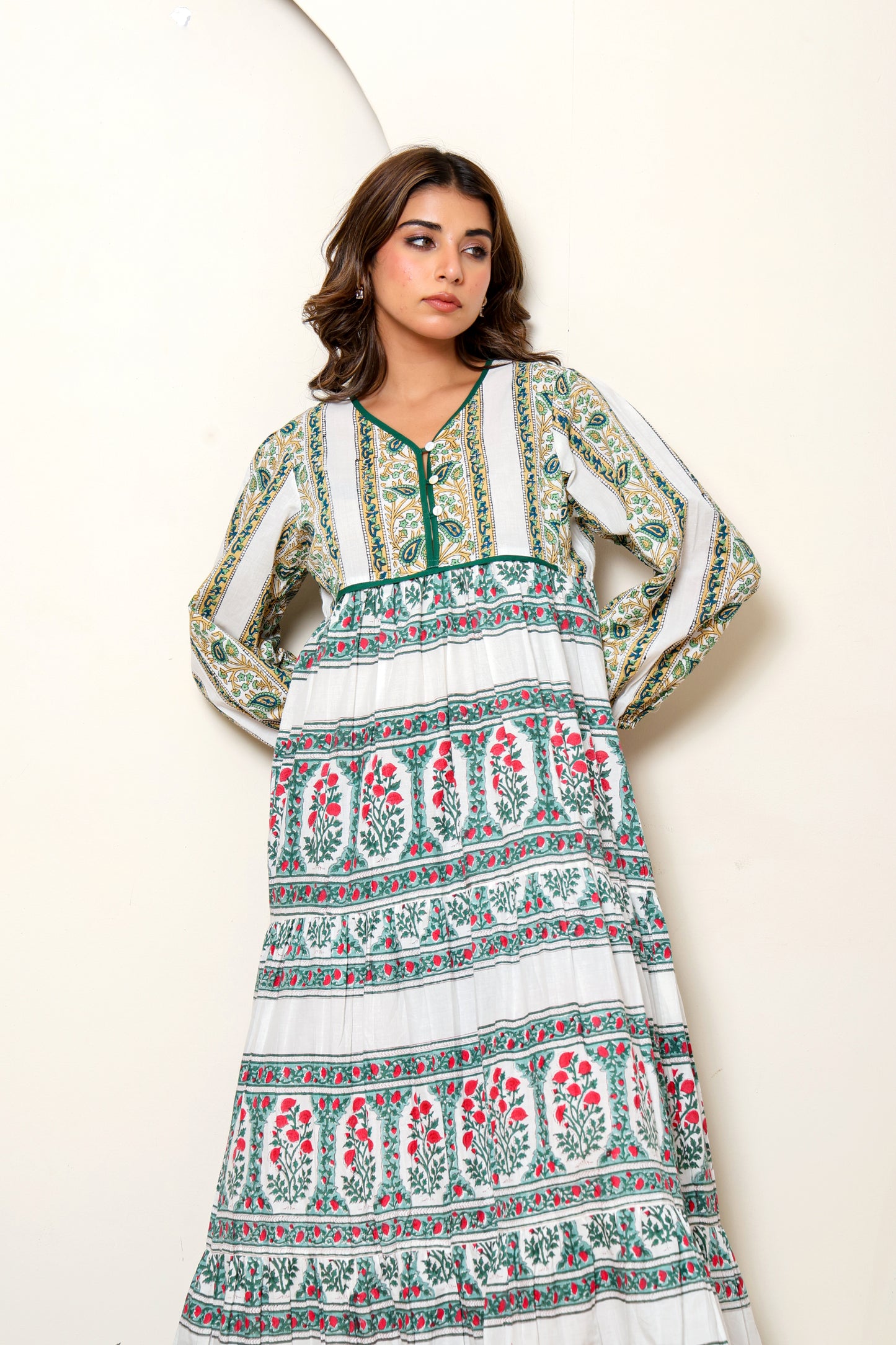 White Multicolor Floral Hand Block Printed Cotton Maxi Dress – Long Sleeve Bohemian Dress with V Neck & Tiered Design