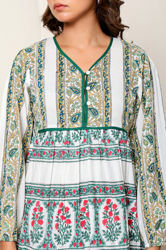 White Multicolor Floral Hand Block Printed Cotton Maxi Dress – Long Sleeve Bohemian Dress with V Neck & Tiered Design