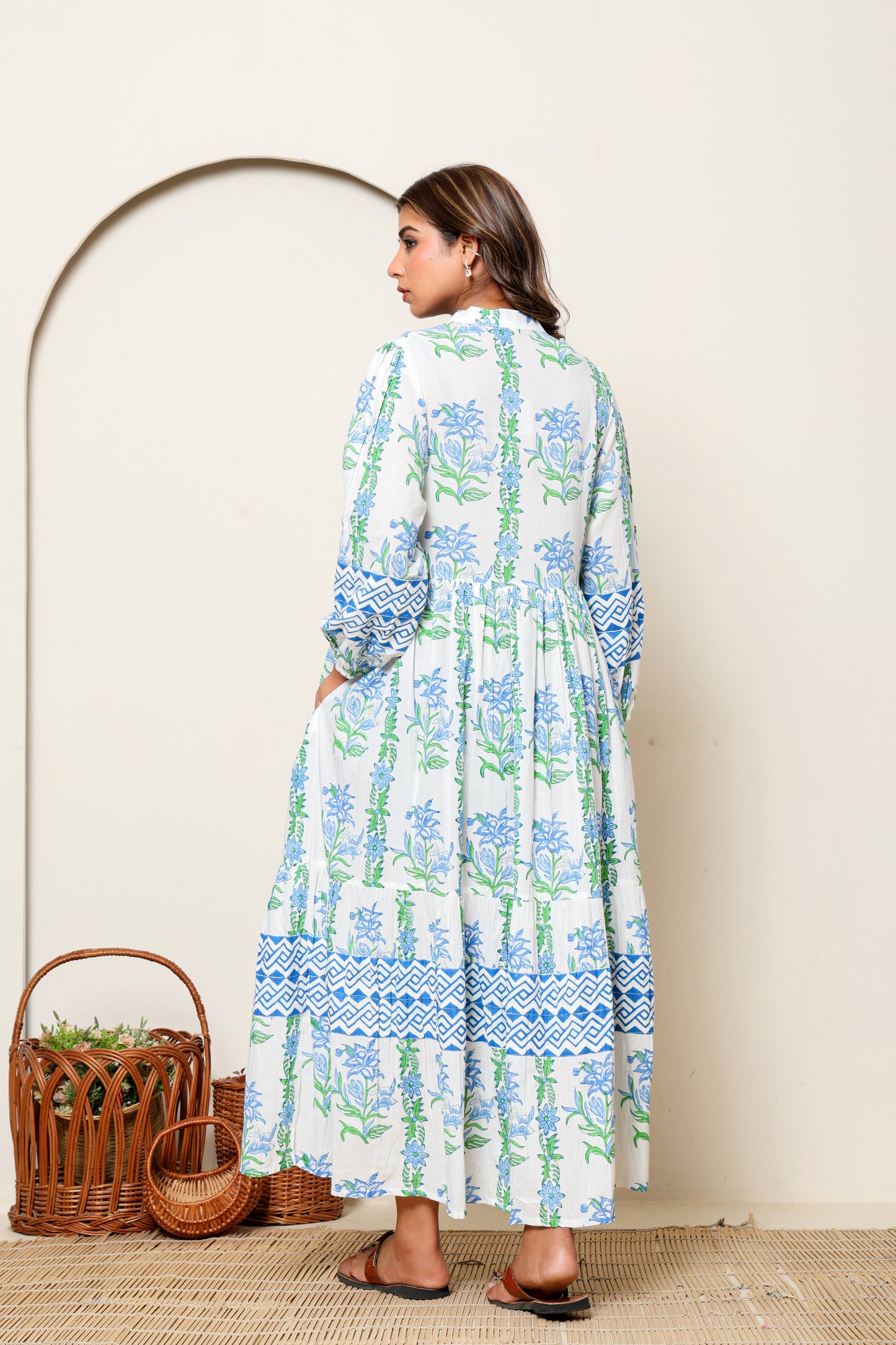 Blue & Green Floral Hand Block Printed Cotton Maxi Dress – Long Sleeve Bohemian Summer Dress with Belt & Pockets