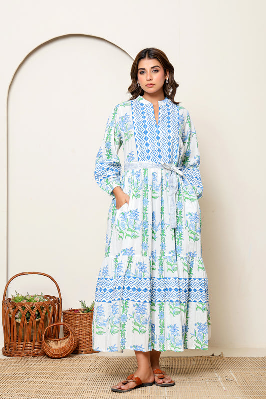 Blue & Green Floral Hand Block Printed Cotton Maxi Dress – Long Sleeve Bohemian Summer Dress with Belt & Pockets