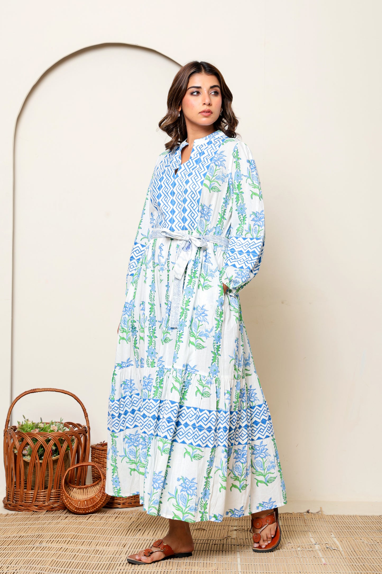 Blue & Green Floral Hand Block Printed Cotton Maxi Dress – Long Sleeve Bohemian Summer Dress with Belt & Pockets