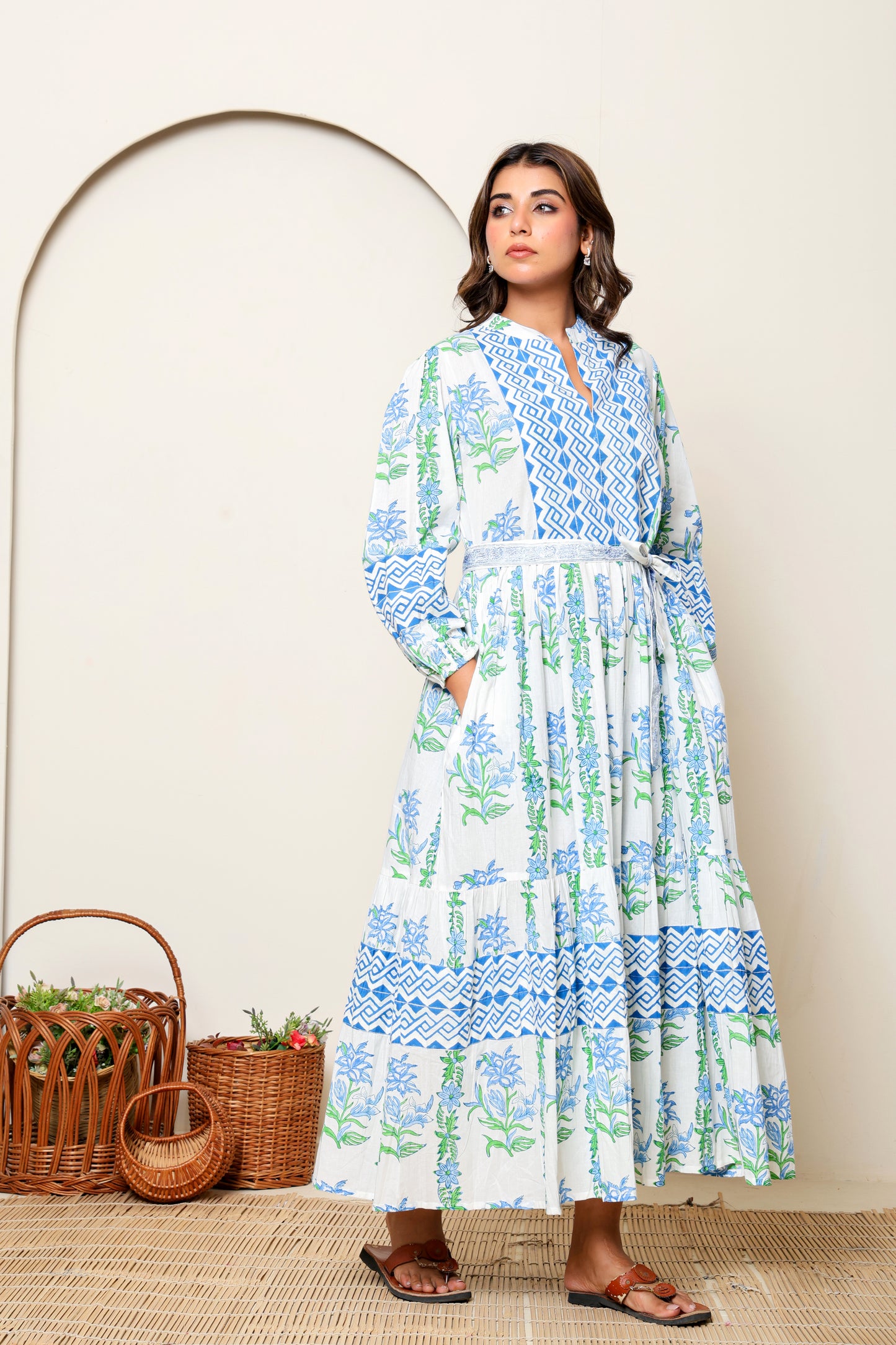Blue & Green Floral Hand Block Printed Cotton Maxi Dress – Long Sleeve Bohemian Summer Dress with Belt & Pockets