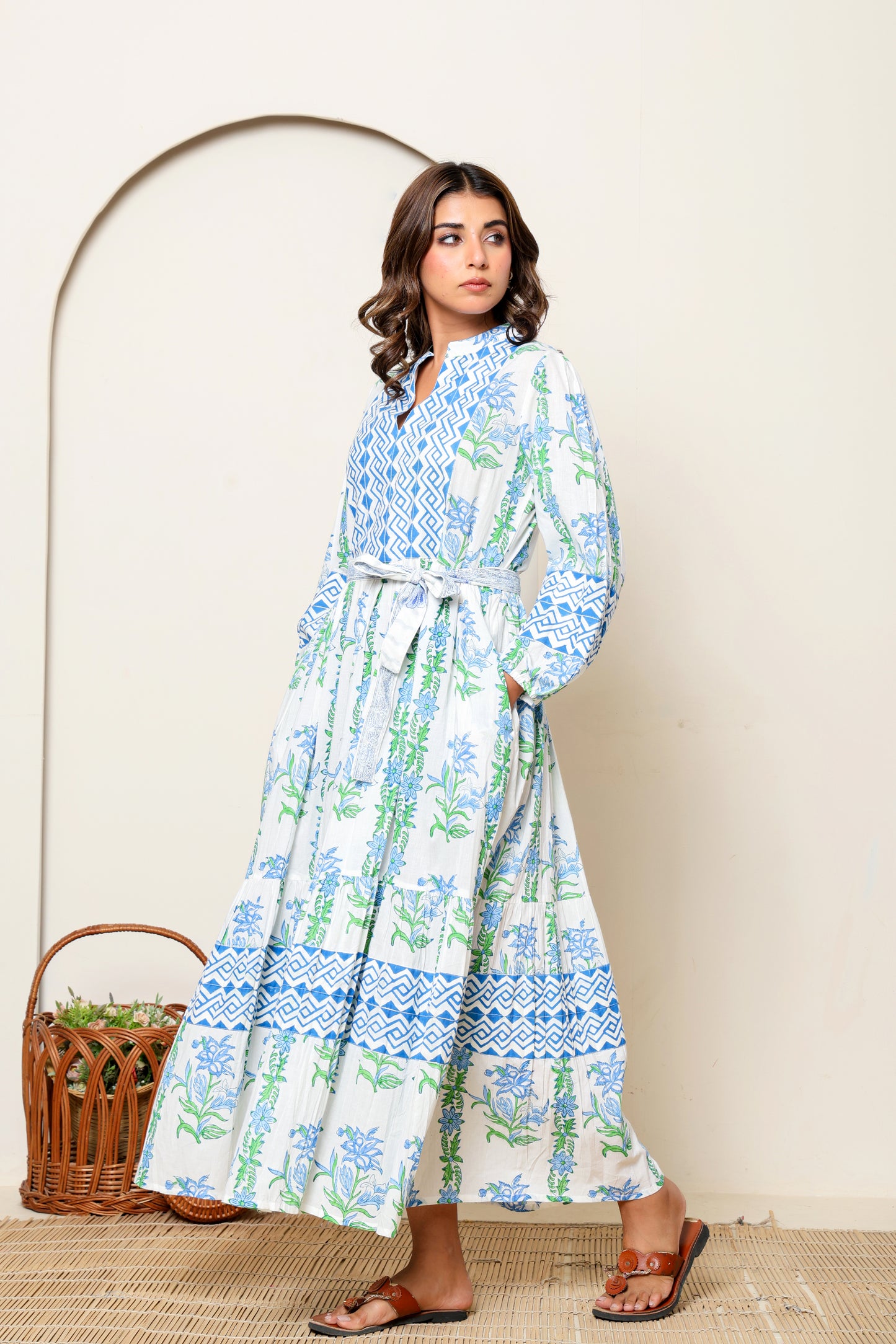 Blue & Green Floral Hand Block Printed Cotton Maxi Dress – Long Sleeve Bohemian Summer Dress with Belt & Pockets