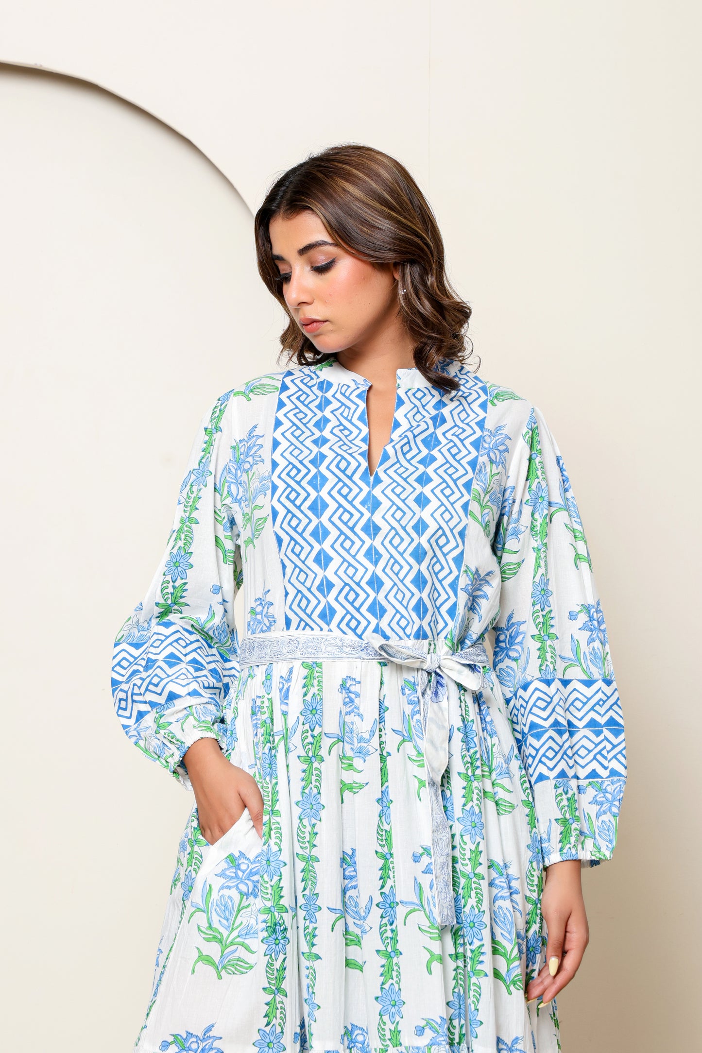 Blue & Green Floral Hand Block Printed Cotton Maxi Dress – Long Sleeve Bohemian Summer Dress with Belt & Pockets