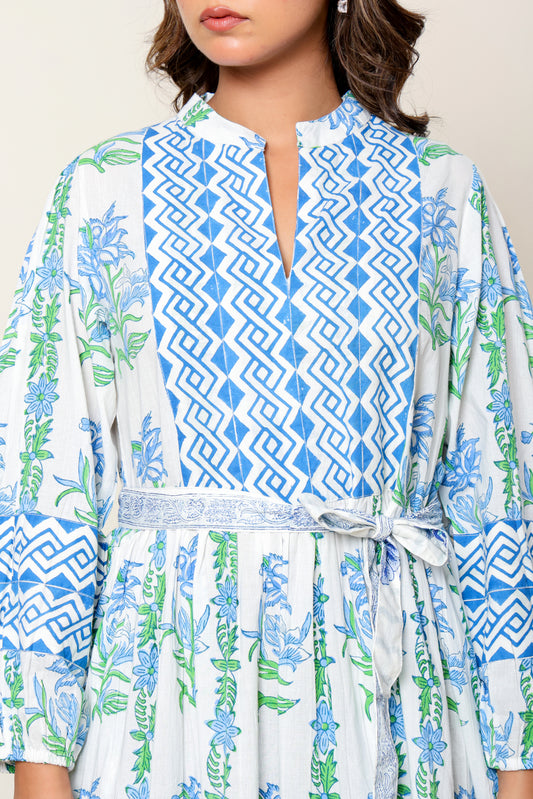 Blue & Green Floral Hand Block Printed Cotton Maxi Dress – Long Sleeve Bohemian Summer Dress with Belt & Pockets