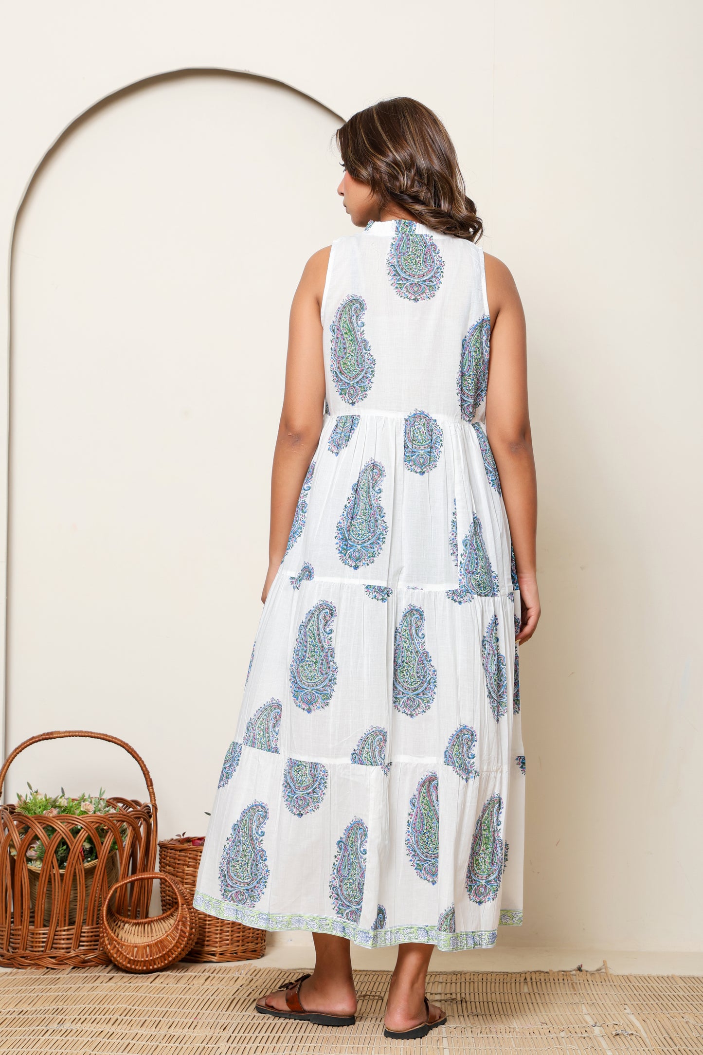 White & Blue Paisley Hand Block Printed Sleeveless Cotton Maxi Dress – Bohemian Summer Dress with Tassel Ties & Pockets